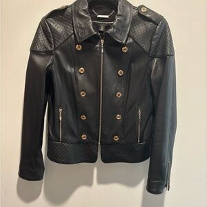 White House Black Market Black Leather Jacket with Gold Accents